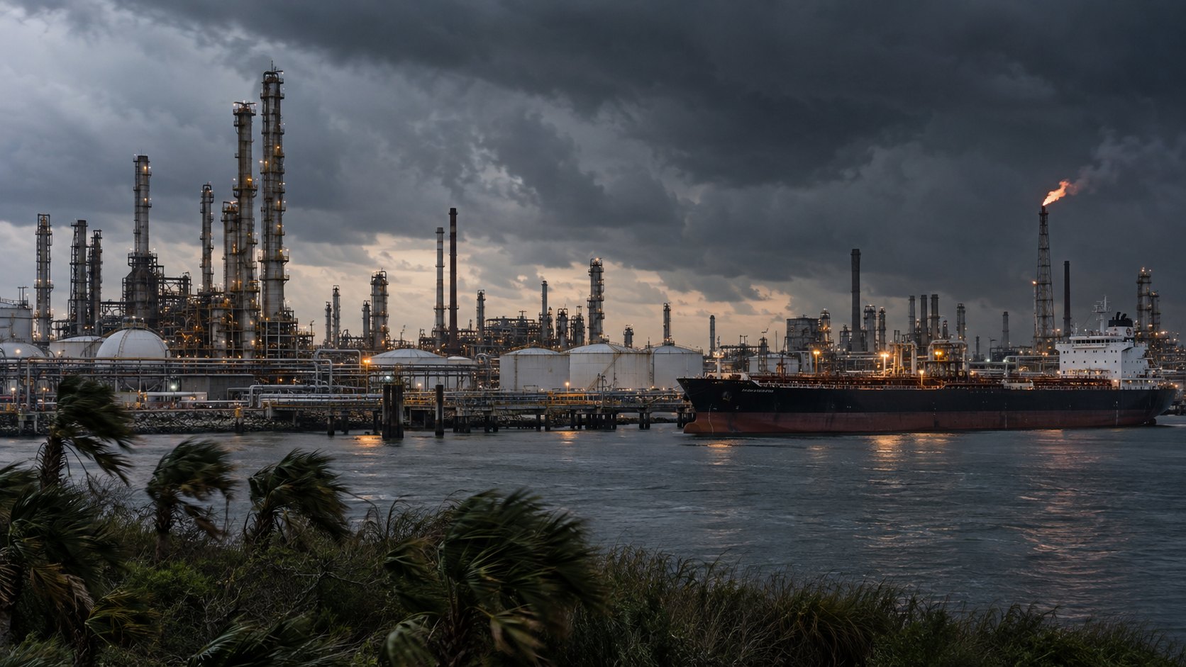 Ilustración editorial generada con IA: una refinería de la costa del Golfo de EE.UU., con torres de destilación, tanques y una antorcha encendida, y un buque tanque amarrado en el canal bajo un cielo de tormenta; composición conceptual, no es una fotografía del hecho.