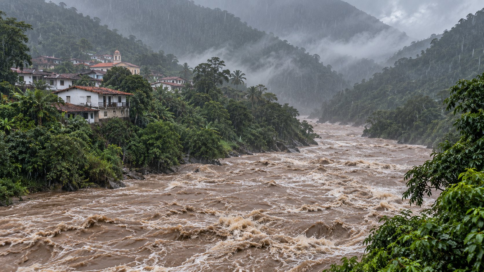 Ilustración editorial generada con IA: un río crecido de aguas marrones baja entre cerros selváticos bajo lluvia intensa junto a un pueblo con casas de techos de teja; composición conceptual, no es una fotografía de un hecho ocurrido.