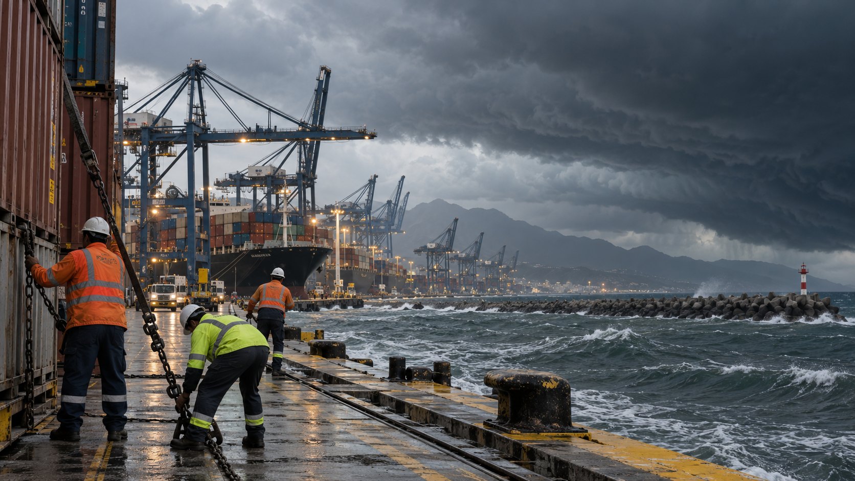 Ilustración editorial generada con IA: trabajadores portuarios con chalecos reflectivos aseguran contenedores en un muelle con grúas pórtico mientras se acercan nubes de tormenta desde el mar; composición conceptual, no es una fotografía de un puerto real.
