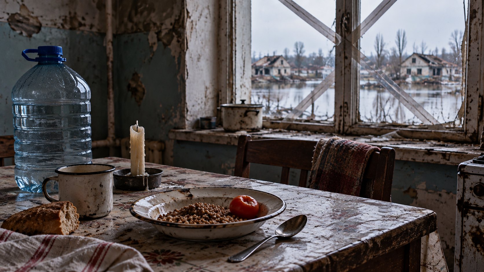Ilustración editorial generada con IA: una mesa de cocina en una casa dañada por la humedad, con un plato de trigo sarraceno y un tomate, una vela, una taza y un bidón de agua, y casas inundadas detrás de una ventana con cinta en cruz; composición representativa, no es una fotografía de un hogar real de Oleshky.
