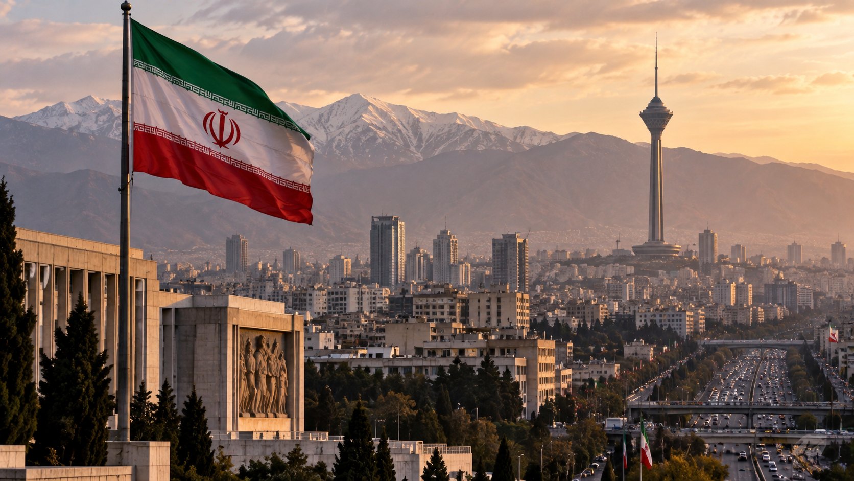 Ilustración editorial generada con IA: una bandera de Irán flamea sobre Teherán al atardecer, con la torre Milad y los montes Alborz nevados al fondo; composición conceptual, no es una fotografía de un hecho real.