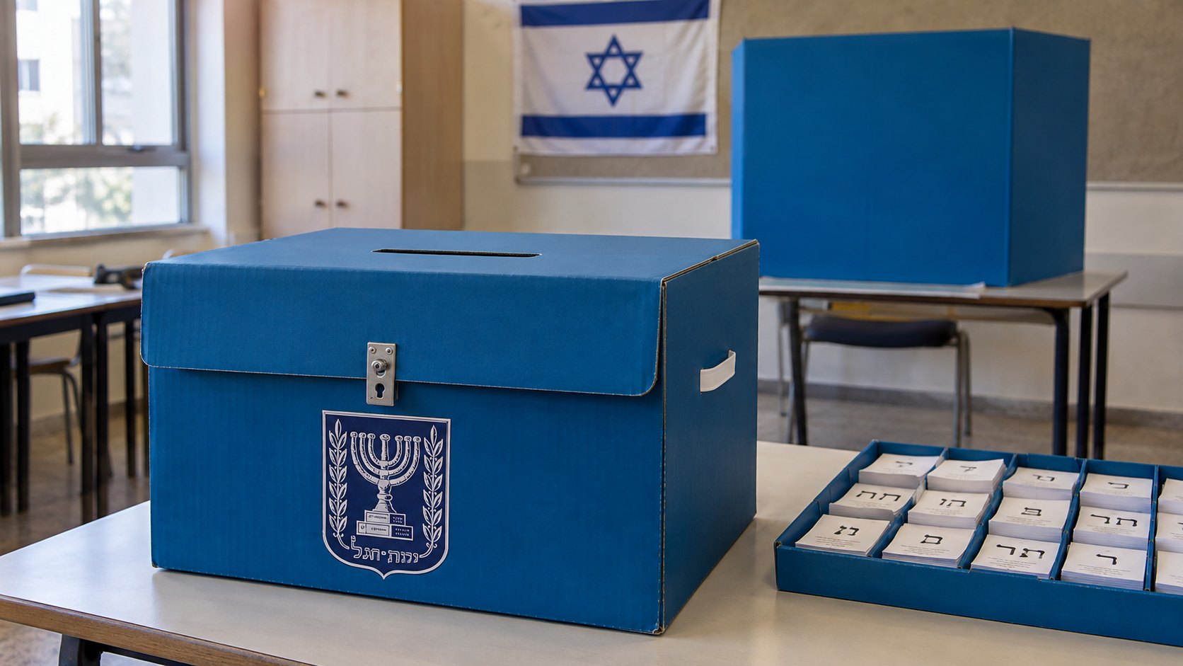 Ilustración editorial generada con IA: una urna electoral azul con el emblema del Estado de Israel y una mampara de votación en un aula preparada como centro de votación, con una bandera israelí en la pared y una bandeja de papeletas; composición conceptual, no es una fotografía de un centro de votación real.