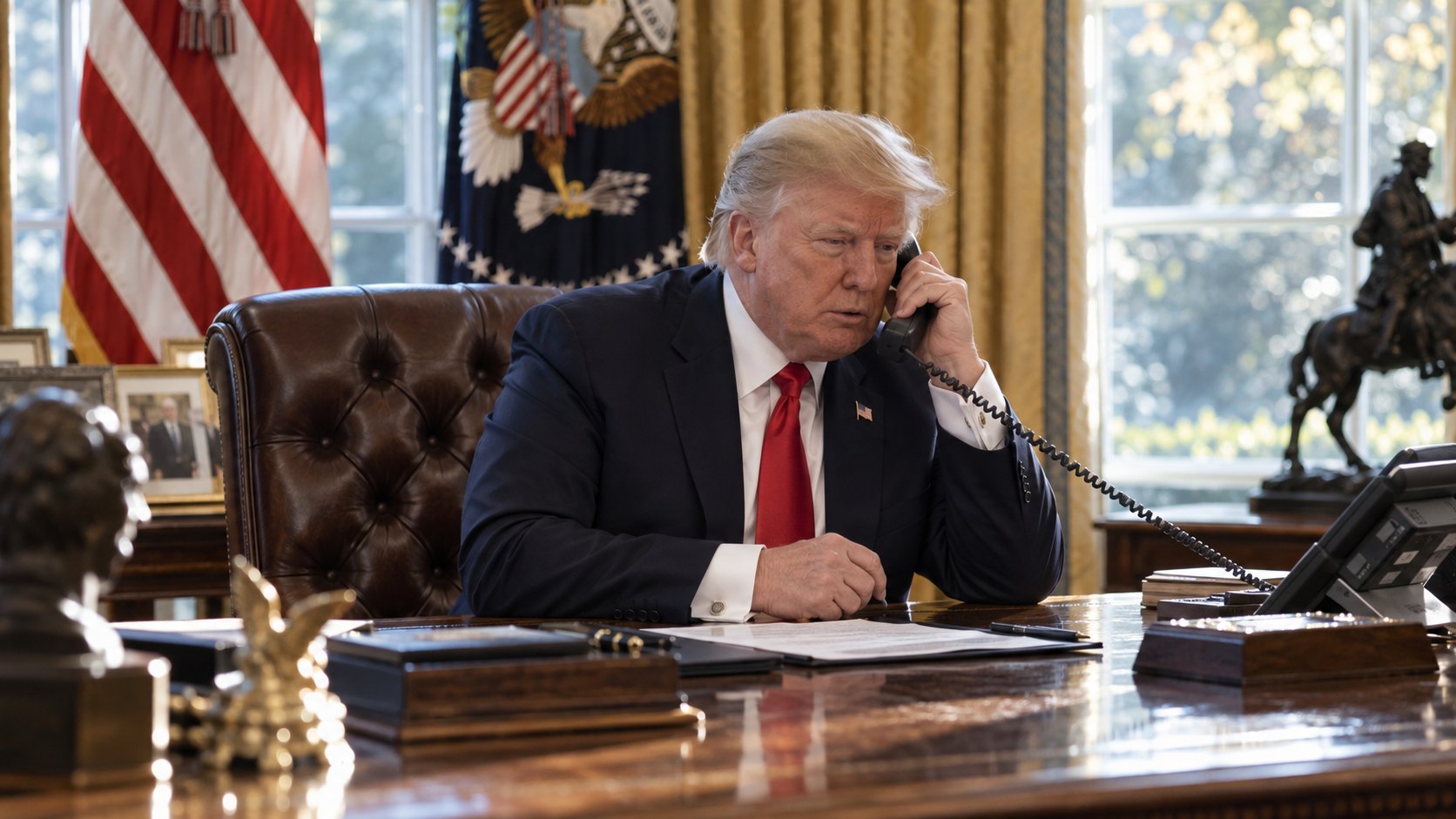 Ilustración editorial generada con IA: Donald Trump habla por teléfono sentado al escritorio del Despacho Oval, con banderas detrás; composición conceptual, no es una fotografía de la conversación con Putin.