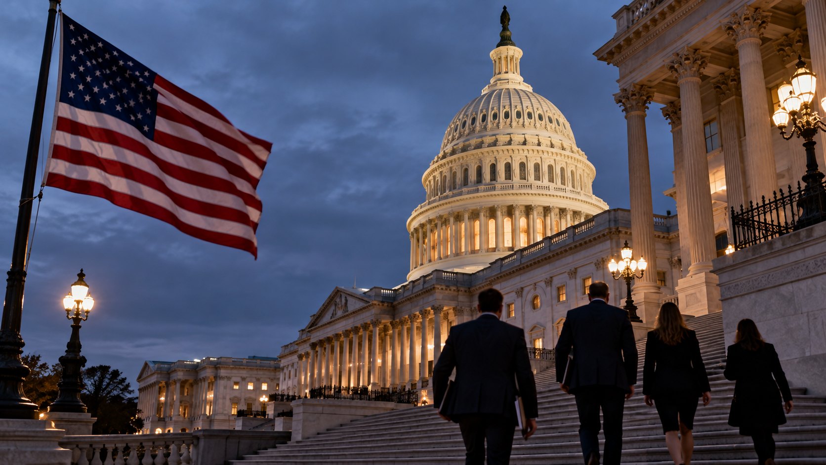 Ilustración editorial generada con IA: asesores anónimos de espaldas suben las escalinatas del Capitolio de Estados Unidos al anochecer, con la cúpula iluminada y la bandera estadounidense; escena ilustrativa