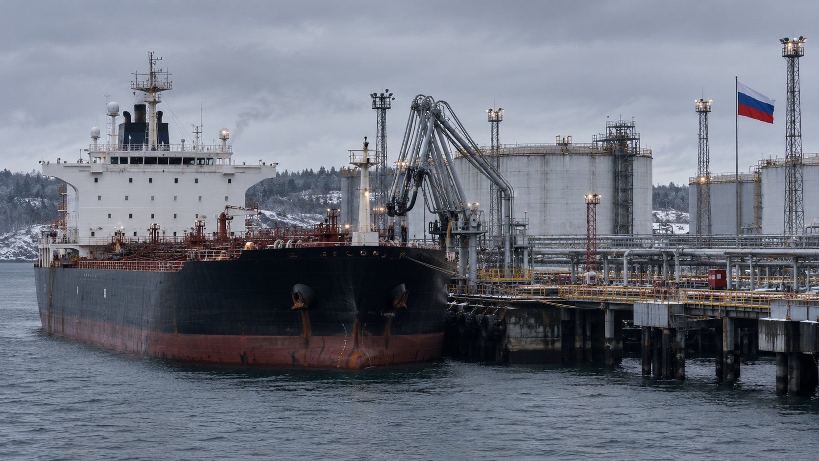Ilustración editorial generada con IA: un petrolero amarrado en una terminal portuaria del mar Báltico, con brazos de carga, tanques de almacenamiento y una bandera de Rusia en el muelle bajo un cielo gris; composición conceptual, no es una fotografía de una terminal o un buque identificados.