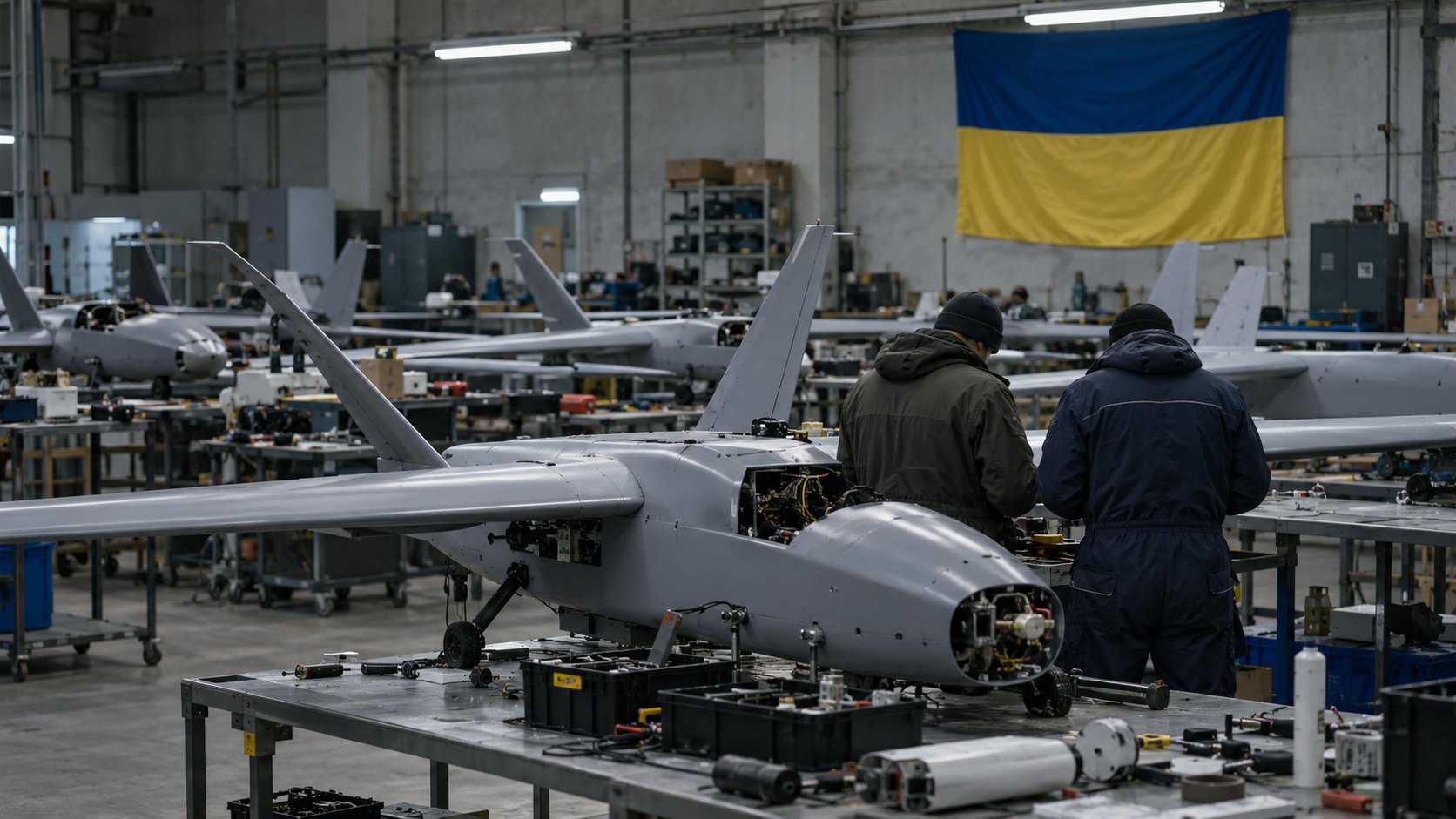 Ilustración editorial generada con IA: dos técnicos de espaldas revisan drones de ala fija alineados sobre bancos de trabajo en una nave industrial con una bandera de Ucrania colgada en la pared; composición conceptual, no es una fotografía de un taller real.
