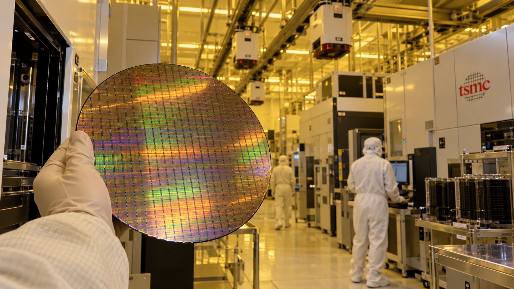 Ilustración editorial generada con IA: una mano con guante sostiene una oblea de silicio de 300 milímetros con patrones de chips iridiscentes dentro de una sala limpia de TSMC con luz amarilla, con técnicos de traje blanco de espaldas, transportadores de obleas en rieles del techo y un equipo con el logotipo de tsmc; composición conceptual, no es una fotografía de una fábrica real.