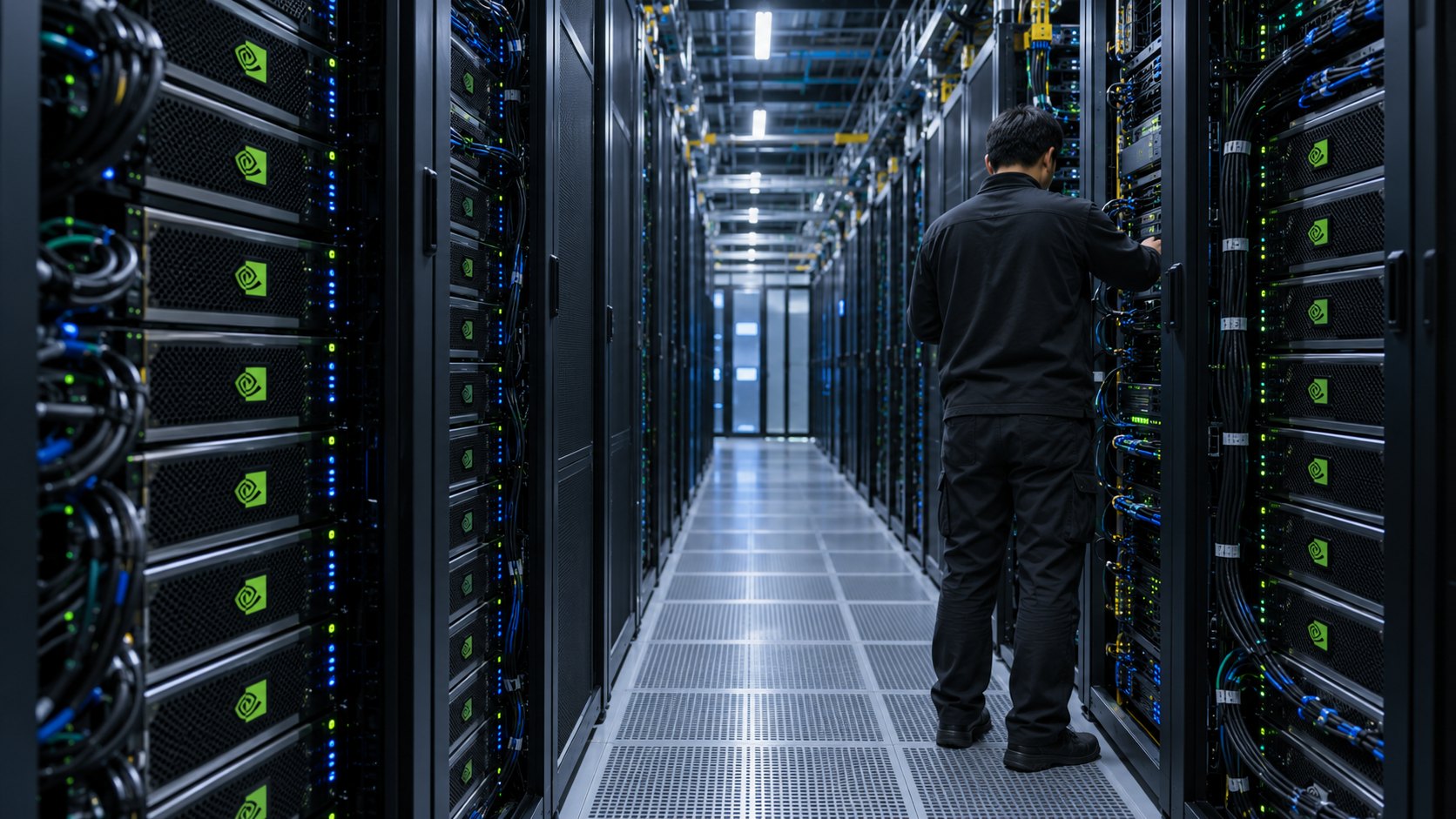 Ilustración editorial generada con IA: un pasillo de un centro de datos de inteligencia artificial con racks de servidores con el logotipo de Nvidia, cableado ordenado y luces azules y verdes, y un técnico de espaldas revisando un equipo; composición conceptual, no es una fotografía de una instalación real.