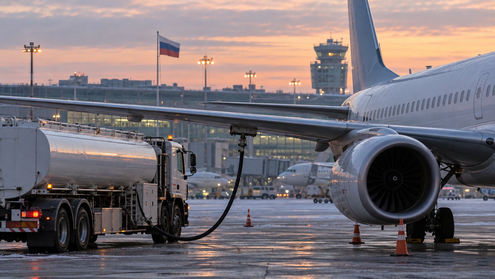 Ilustración editorial generada con IA: un camión cisterna carga combustible a un avión de pasajeros en la plataforma de un aeropuerto de Moscú al amanecer, con una bandera rusa y la torre de control al fondo; composición conceptual, no es una fotografía real.