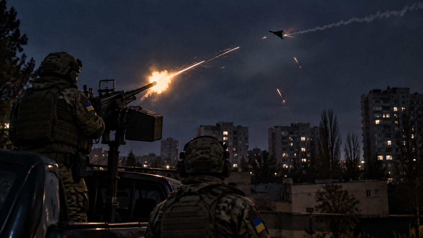 Ilustración editorial generada con IA: de noche, en una ciudad ucraniana, soldados con el parche de la bandera de Ucrania, de espaldas, disparan una ametralladora antiaérea montada en una camioneta contra un dron en el cielo, frente a edificios de departamentos; composición conceptual, no es una fotografía de un hecho real.