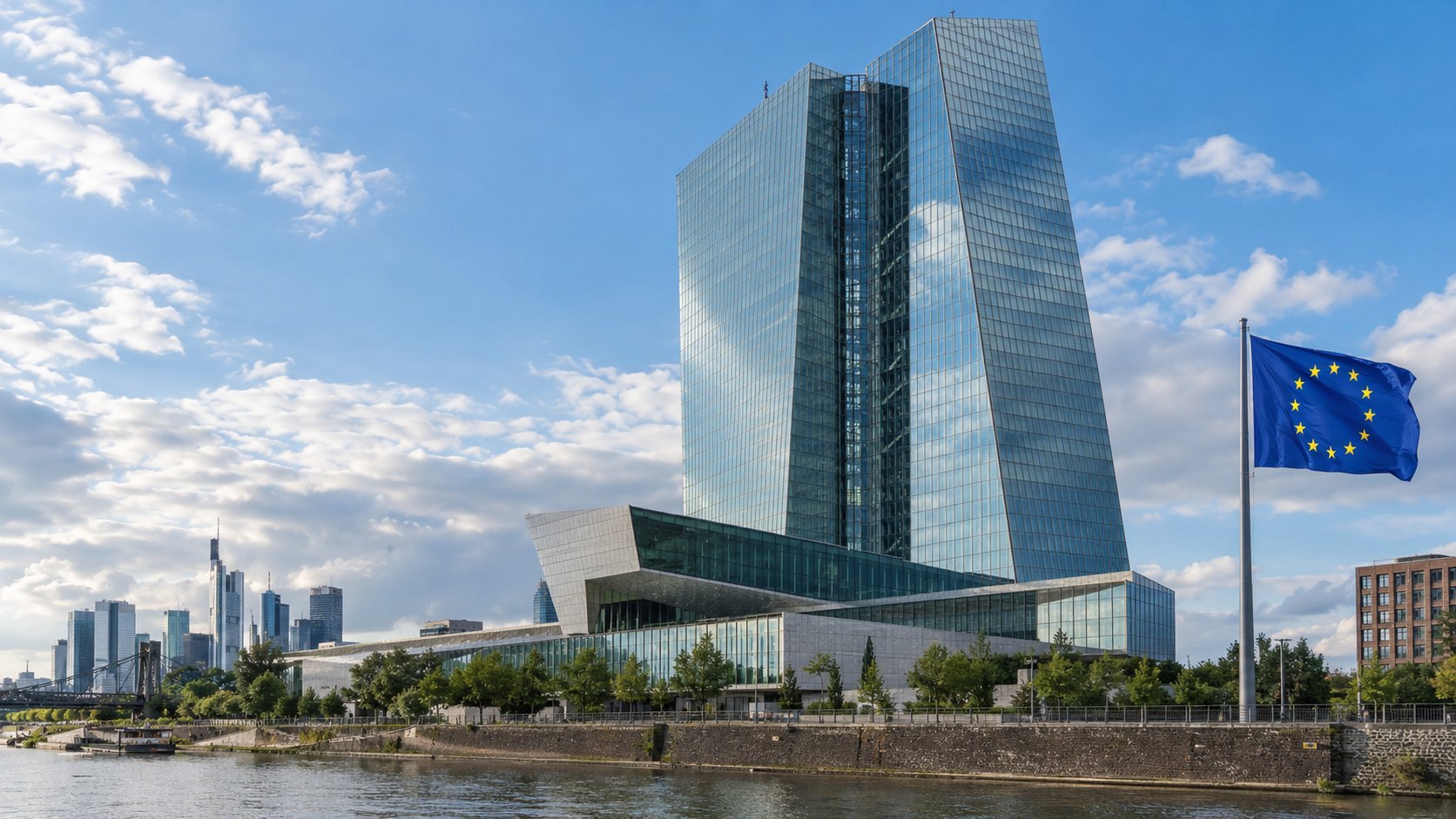 Ilustración editorial generada con IA: la sede del Banco Central Europeo en Fráncfort, de dos torres de vidrio junto al río Meno, con la bandera de la Unión Europea; composición representativa, no es una fotografía del día del anuncio.