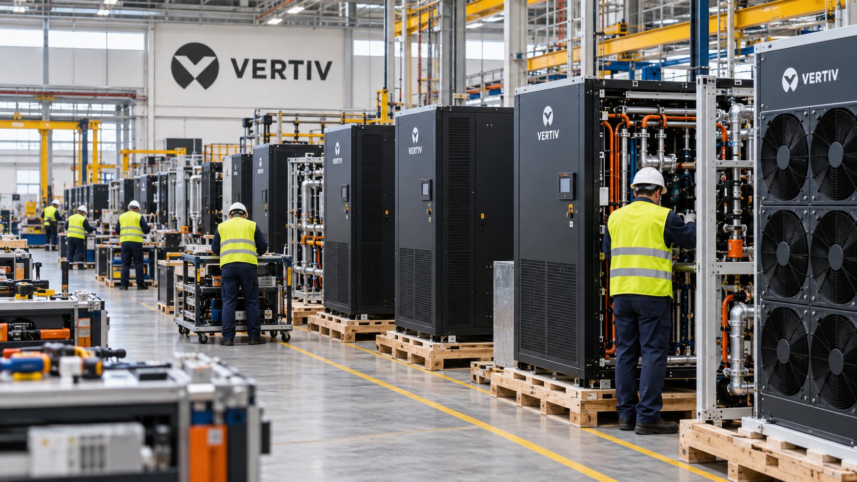 Ilustración editorial generada con IA: operarios con casco y chaleco ensamblan gabinetes de energía y módulos de refrigeración en la nave de una fábrica con el logo de Vertiv en la pared; composición conceptual, no es una fotografía de una planta identificada.