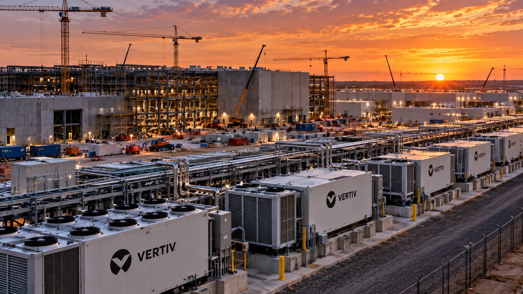 Ilustración editorial generada con IA: vista aérea al atardecer de un campus de centros de datos en construcción, con grúas y módulos prefabricados de energía y refrigeración con el logo de Vertiv en primer plano; composición conceptual, no es una fotografía de un proyecto real.