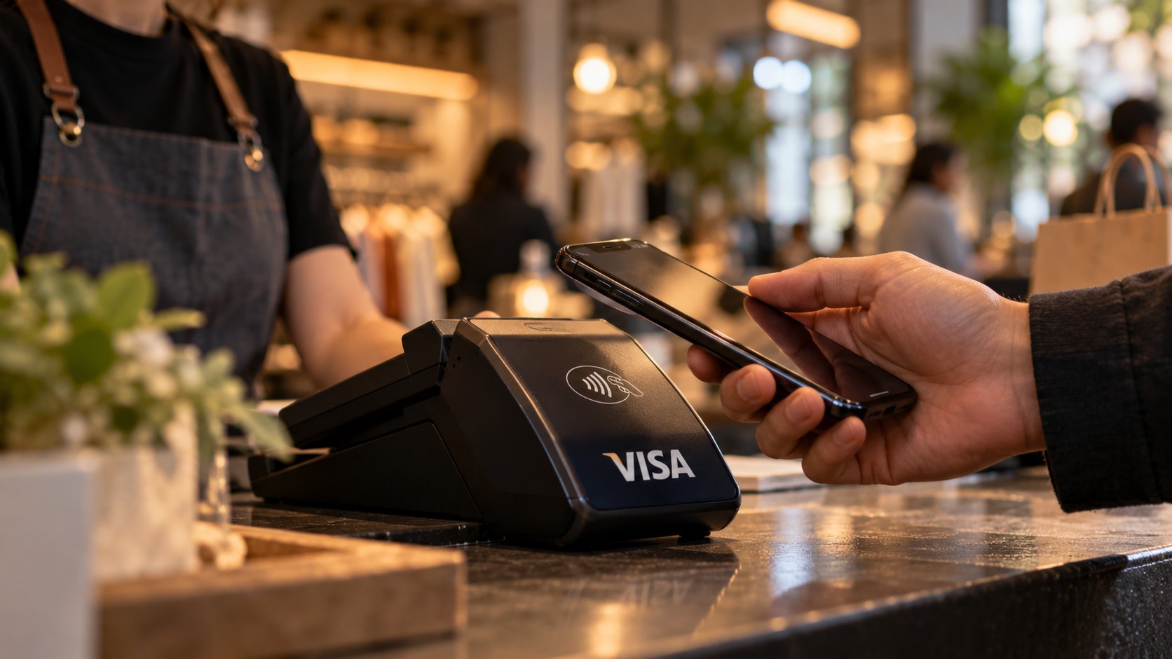 Ilustración editorial generada con IA: un cliente acerca su celular a una terminal de pago con el logo de Visa sobre el mostrador de un comercio, con una empleada y el local desenfocados al fondo; composición conceptual, no es una fotografía de un hecho real.