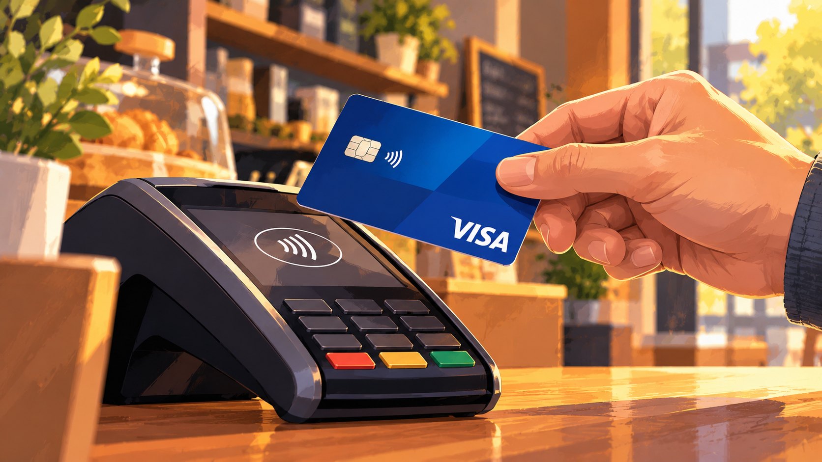 Ilustración editorial generada con IA: una tarjeta Visa se acerca a una terminal de pago sin contacto en el mostrador de un comercio; composición representativa, no documenta una operación real.