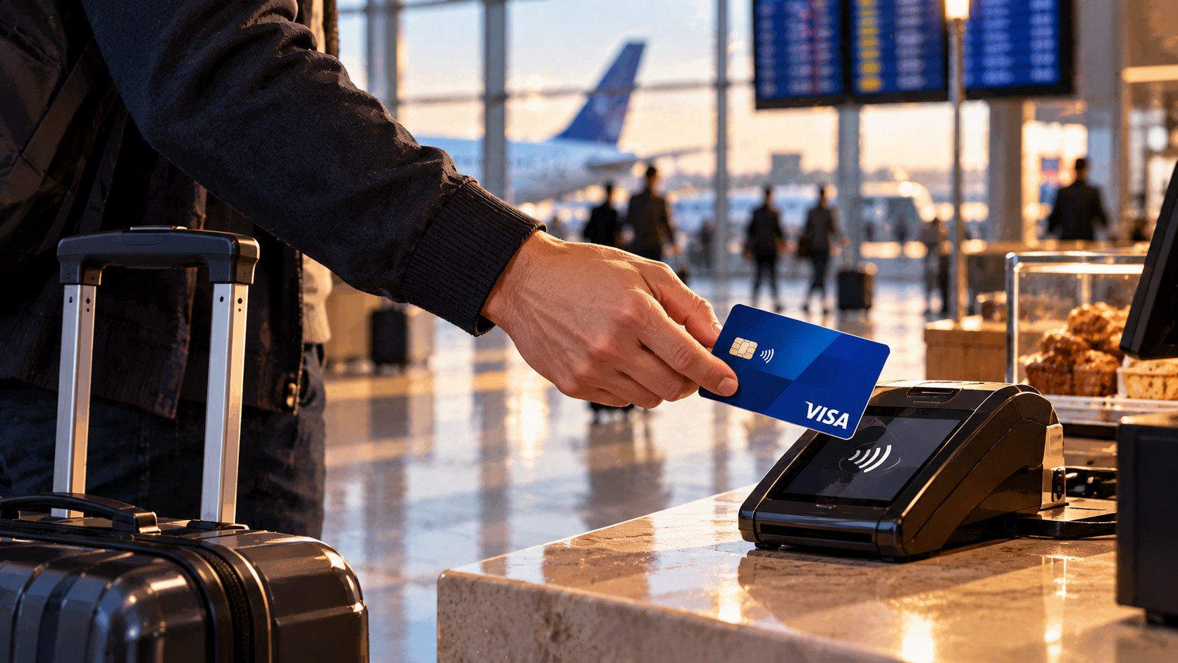 Ilustración editorial generada con IA: un viajero paga con una tarjeta Visa en un comercio de un aeropuerto internacional, con pantallas de vuelos al fondo; composición representativa sobre el gasto transfronterizo.