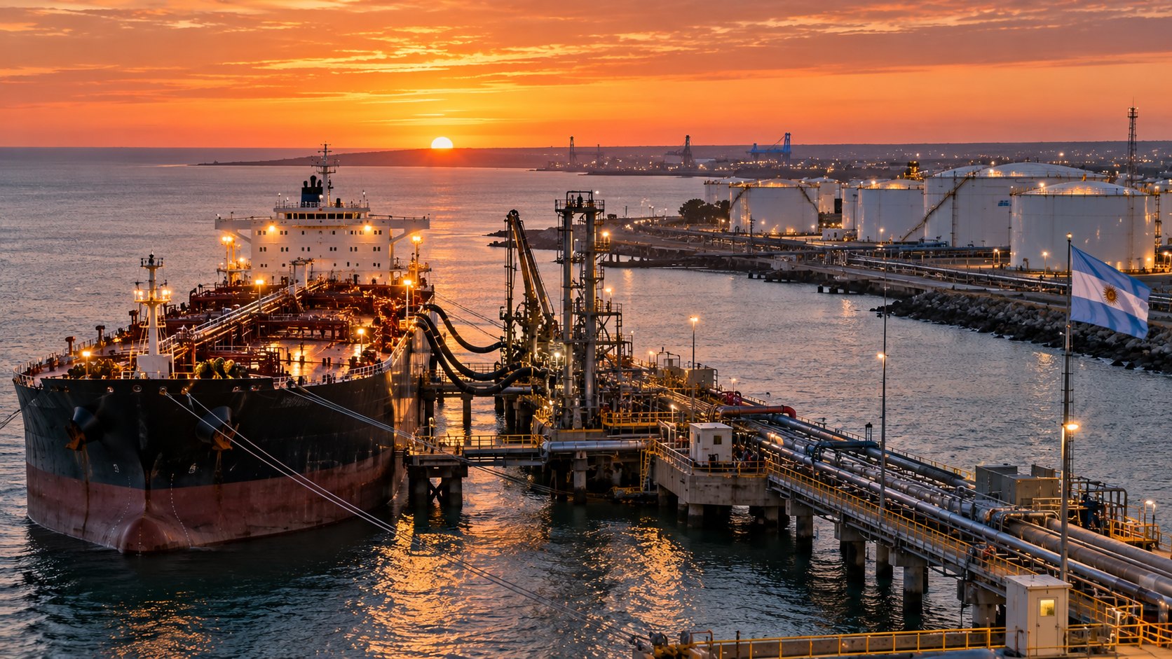 Ilustración editorial generada con IA: un buque petrolero cargando crudo en una terminal portuaria de la costa atlántica argentina al atardecer, con tanques en tierra y una bandera argentina en el muelle; composición conceptual, no es una fotografía de una terminal ni de un buque identificados.