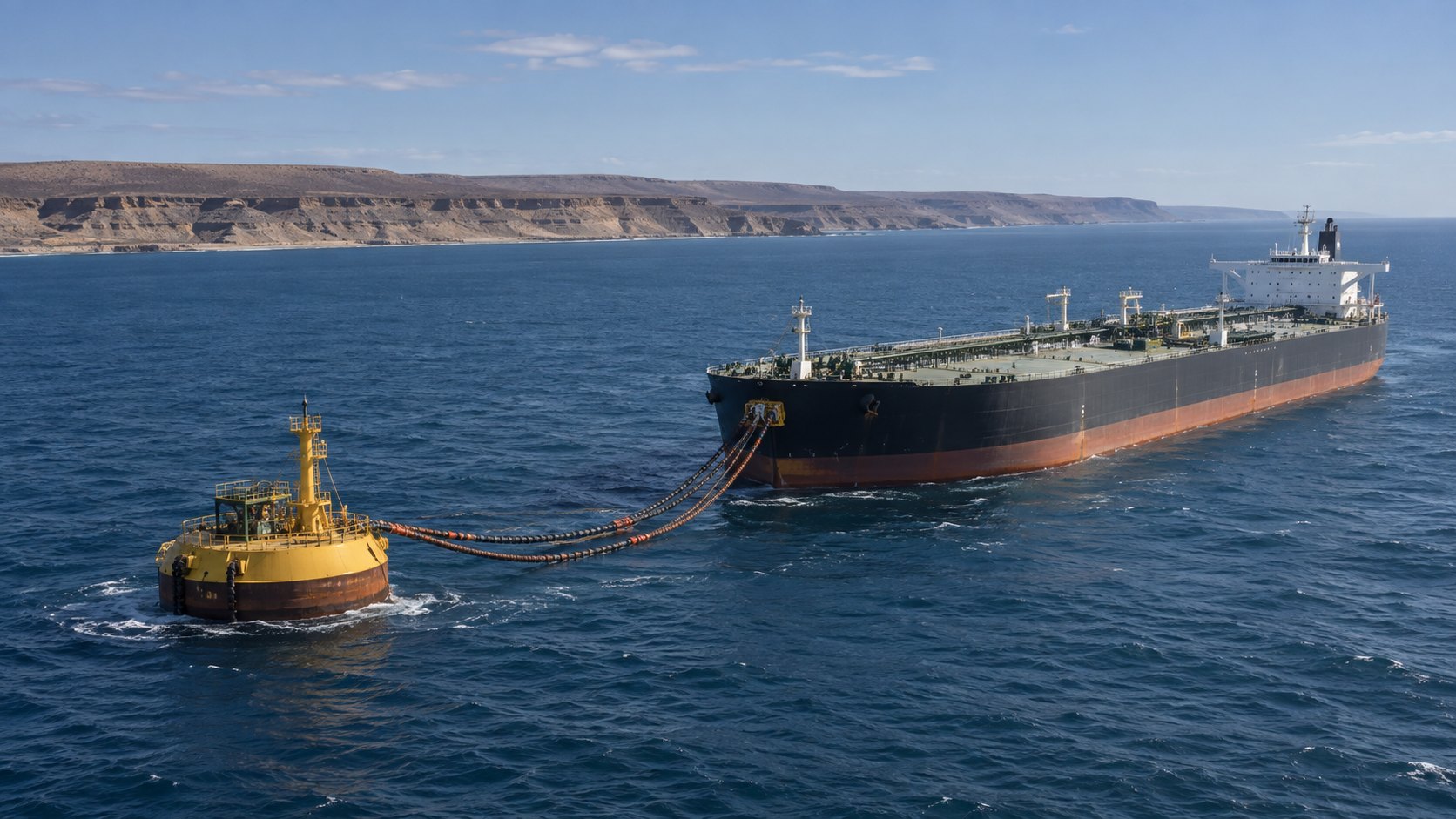 Ilustración editorial generada con IA: un buque petrolero de gran porte amarrado a una monoboya amarilla en mar abierto, con mangueras flotantes, frente a una costa patagónica de acantilados bajos; representación conceptual de la futura terminal, no es una fotografía.