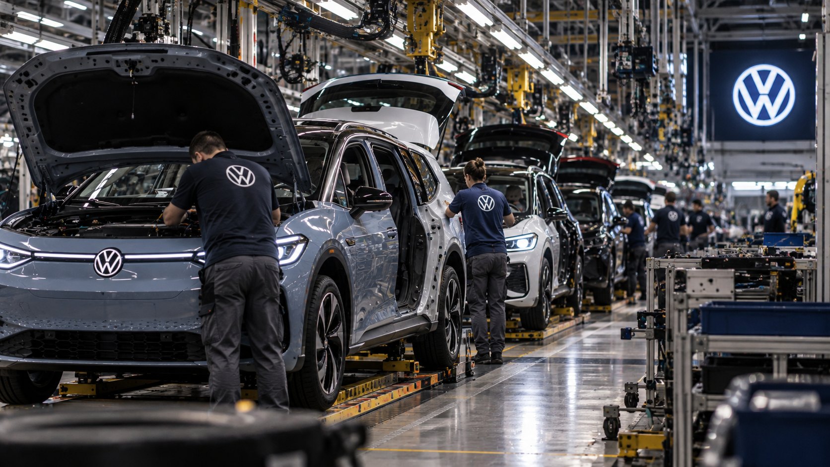 Ilustración editorial generada con IA: una línea de montaje de autos eléctricos Volkswagen de la familia ID, con operarios trabajando sobre las carrocerías y el logo VW en la nave; composición conceptual, no es una fotografía de una planta identificada.