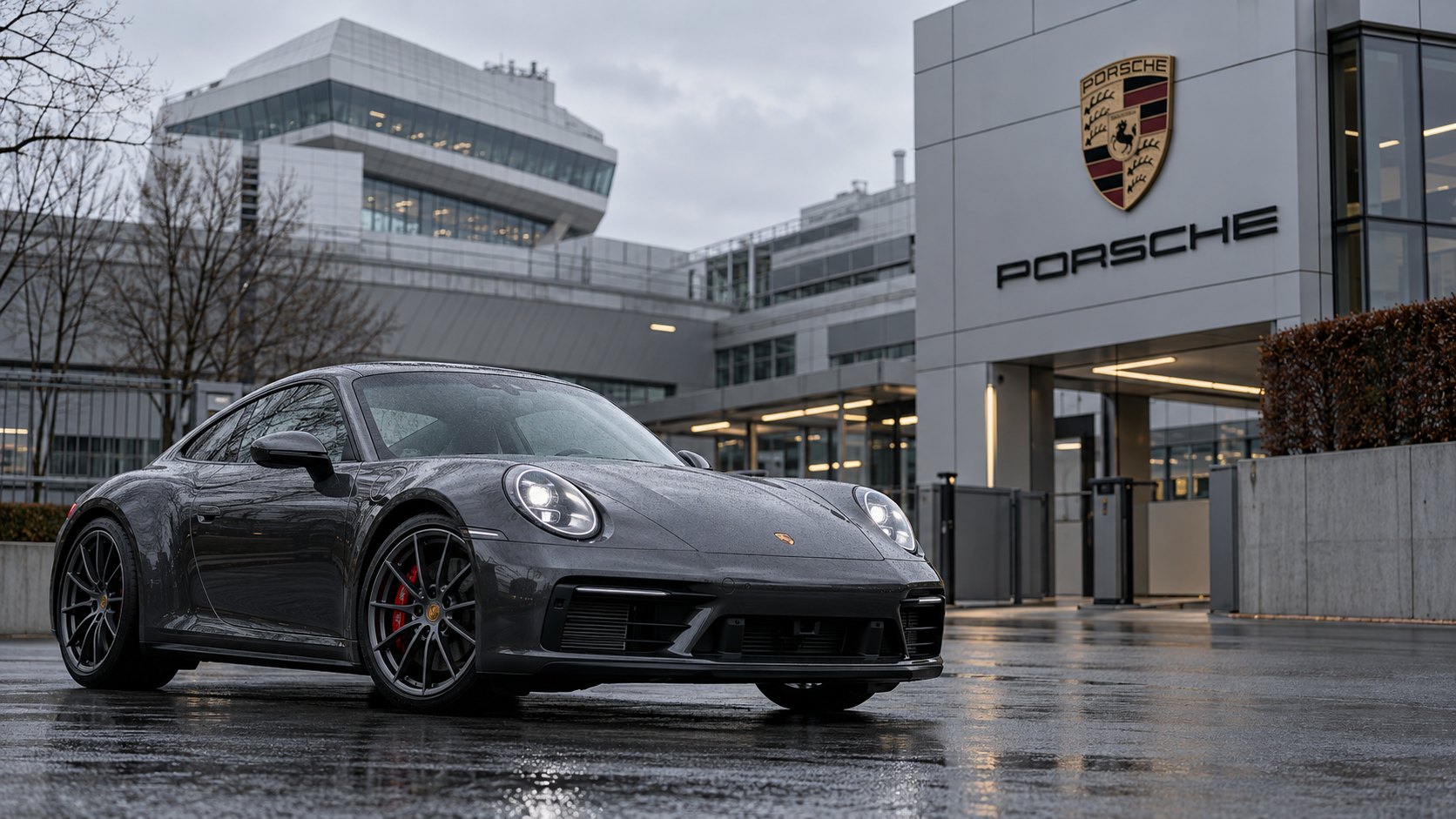 Ilustración editorial generada con IA: un Porsche 911 frente a un edificio con el escudo de Porsche en la fachada, en un día nublado; composición conceptual, no es una fotografía de la sede ni de un hecho documentado.