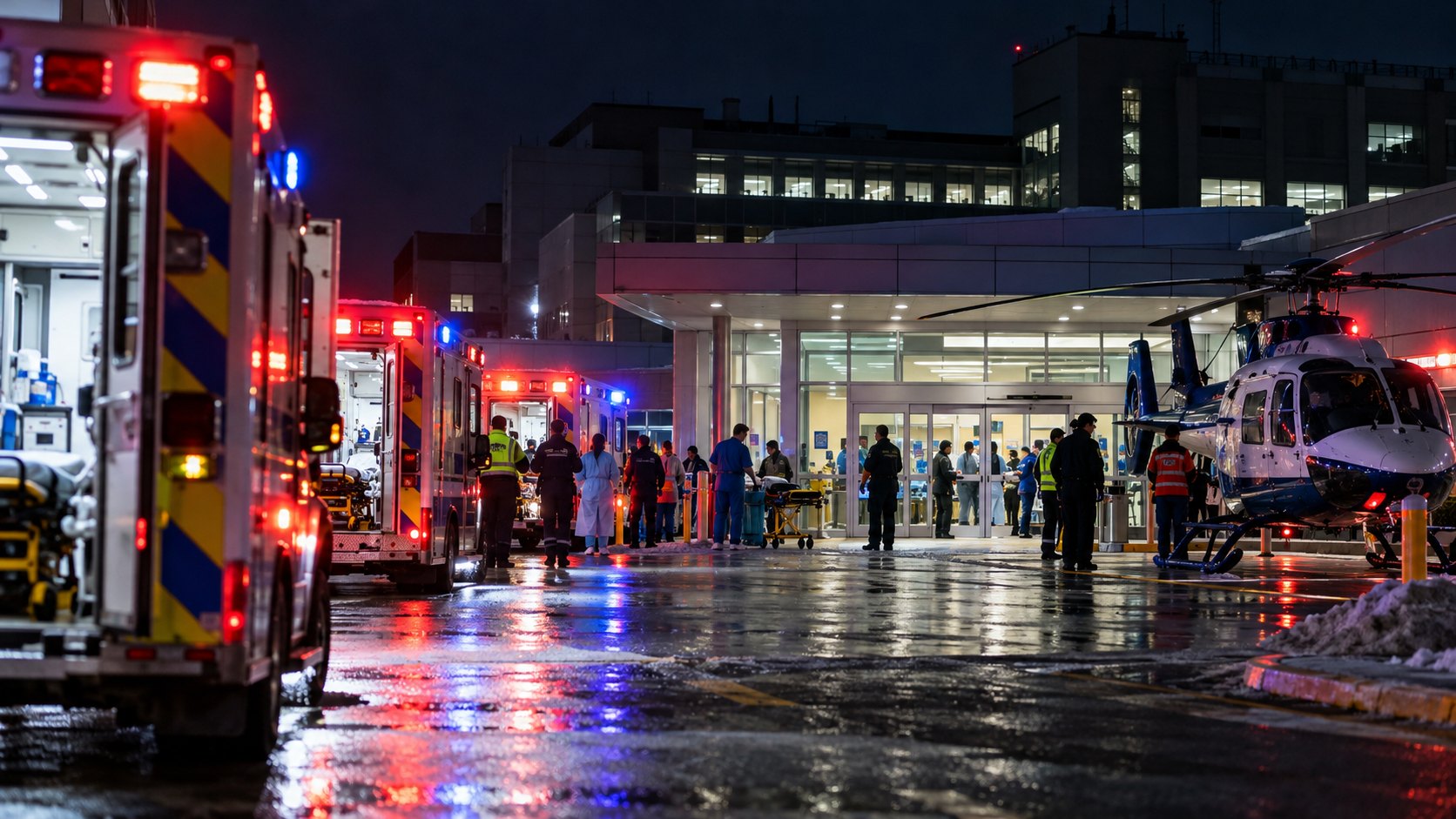 Ilustración editorial generada con IA: de noche, ambulancias con las luces encendidas y un helicóptero sanitario frente a la entrada de guardia de un hospital, con personal médico y camillas esperando; composición conceptual, no es una fotografía de un hospital de Edmonton ni de pacientes reales.
