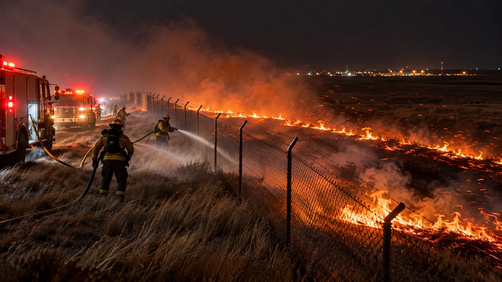 Ilustración editorial generada con IA: de noche, bomberos con autobombas combaten un frente de fuego en la pradera junto al alambrado perimetral de una base militar, con las luces de un pueblo a lo lejos; composición conceptual, no es una fotografía del incendio de Wainwright.