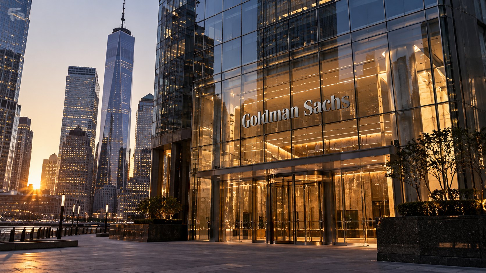Ilustración editorial generada con IA: la fachada vidriada de un edificio de Goldman Sachs en el bajo Manhattan al amanecer, con el lobby iluminado y el One World Trade Center al fondo; composición conceptual, no es una fotografía de la sede ni del anuncio.
