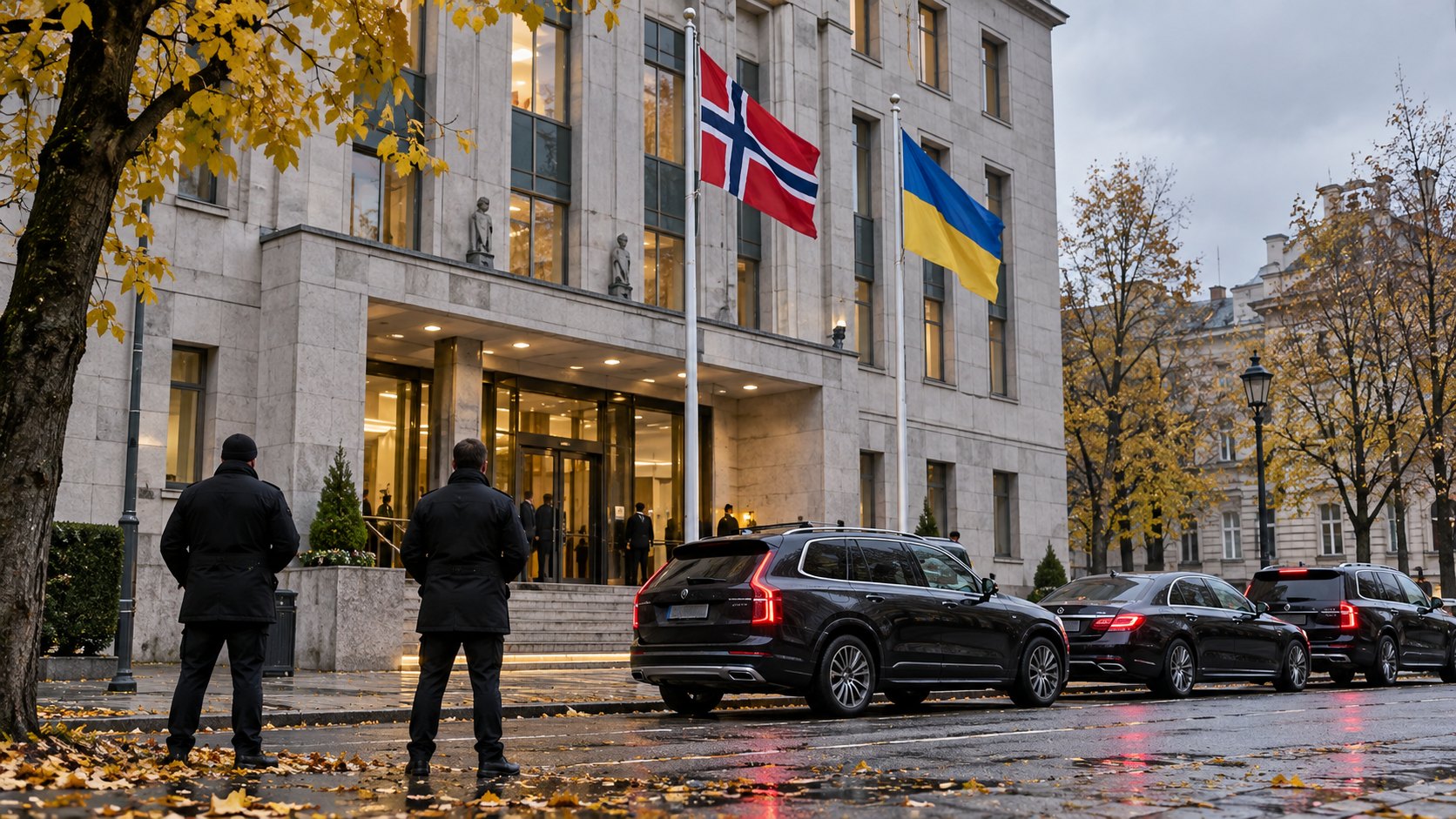Ilustración editorial generada con IA: exterior de un edificio oficial en el centro de Oslo en una mañana gris de otoño, con banderas de Noruega y de Ucrania en mástiles frente a la entrada, una caravana de autos oscuros y agentes de seguridad de espaldas; no es una fotografía del lugar real de las reuniones.