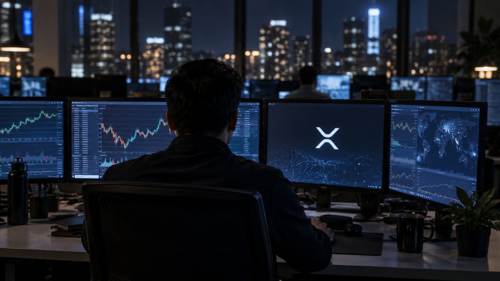 Ilustración editorial generada con IA: un operador de espaldas frente a pantallas de monitoreo de mercado, una de ellas con el logo de XRP, en una oficina con vista nocturna a la ciudad; composición conceptual, no es fotografía de un hecho real.