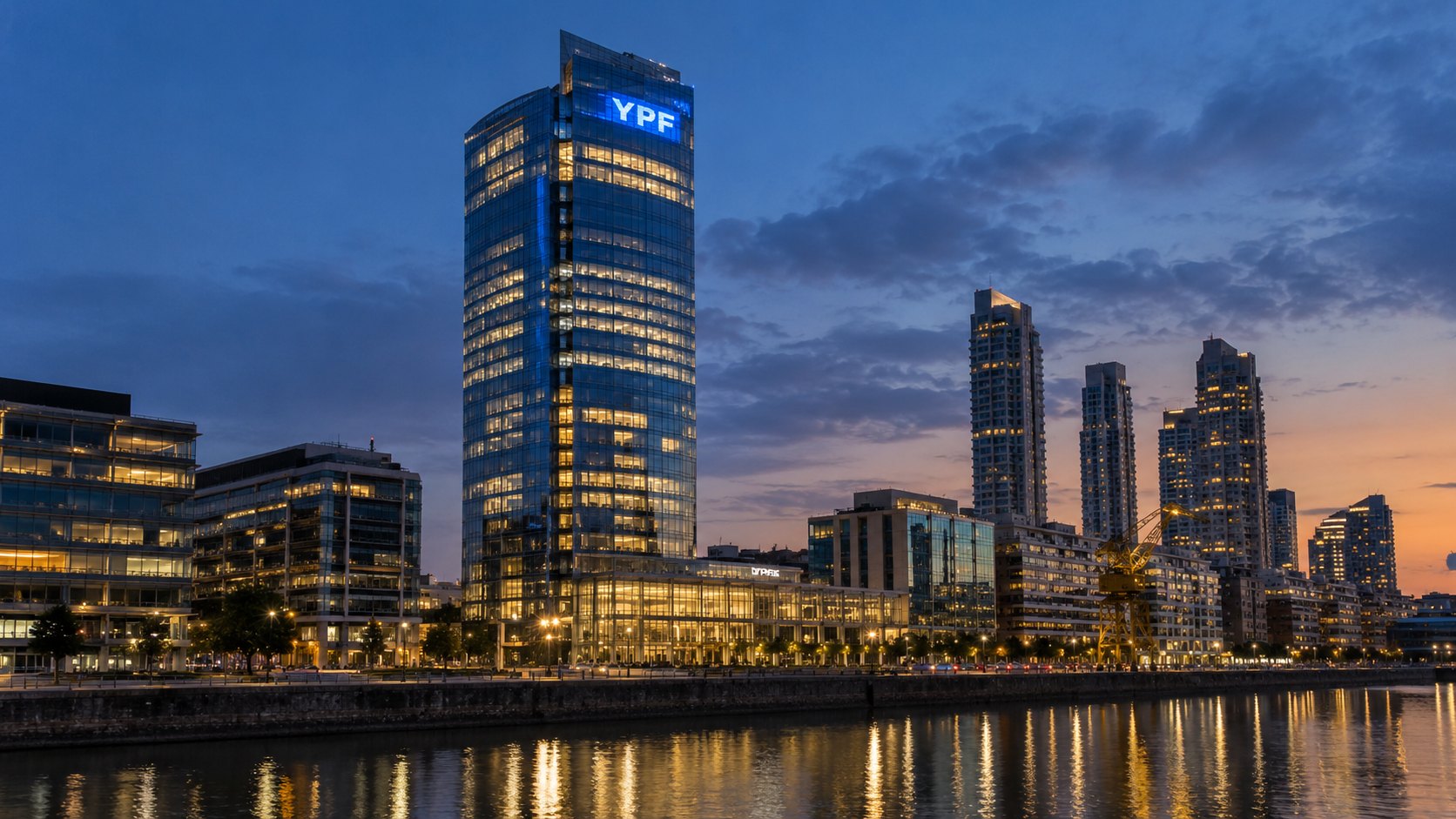 Ilustración editorial generada con IA: la Torre YPF, sede de la compañía en Puerto Madero, Buenos Aires, al anochecer, con la fachada de vidrio iluminada, el logo de YPF en lo alto y su reflejo en el dique; composición conceptual.