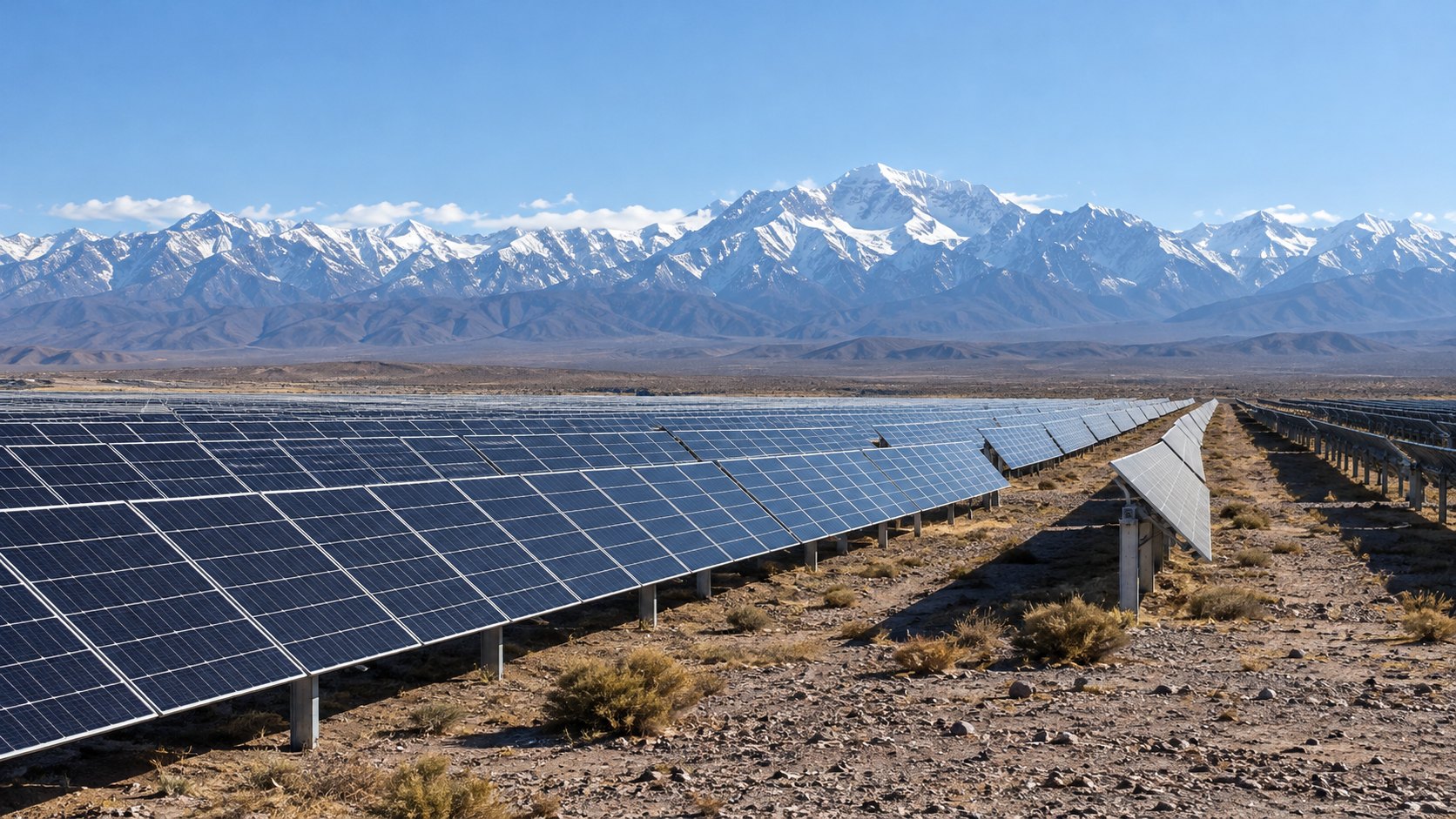 Ilustración editorial generada con IA: hileras de paneles solares sobre el desierto de Mendoza con la cordillera de los Andes nevada al fondo, en referencia al parque solar El Quemado de YPF Luz; composición conceptual, no es una fotografía del parque.