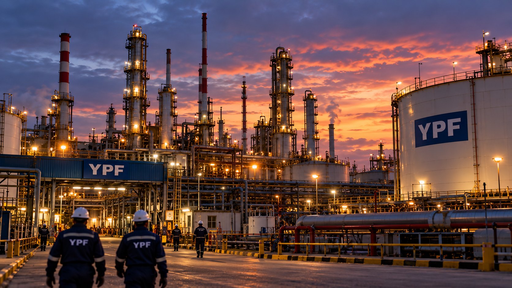 Ilustración editorial generada con IA: una refinería de YPF iluminada al anochecer, con torres de destilación, chimeneas y un tanque con el logo de la empresa, y dos operarios con casco de espaldas; composición conceptual, no es una fotografía de la refinería de La Plata.