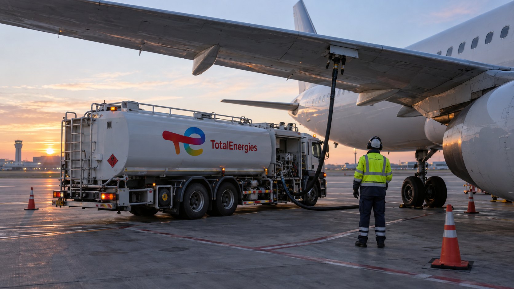 Ilustración editorial generada con IA: un camión cisterna de abastecimiento aeroportuario con el logo de TotalEnergies carga combustible en el ala de un avión comercial de pasajeros en la plataforma; composición conceptual, no es una fotografía de una operación con SAF de Santa Fe Bio.