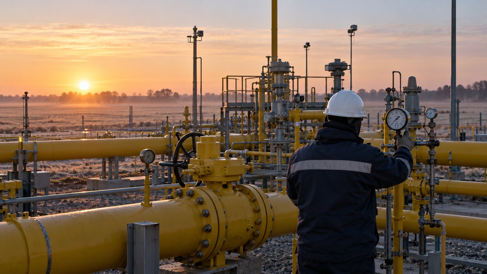 Ilustración editorial generada con IA: un operario con casco blanco revisa un manómetro en una estación de medición de gas con cañerías amarillas en la llanura pampeana al amanecer; composición conceptual, no es una fotografía de una instalación identificada.