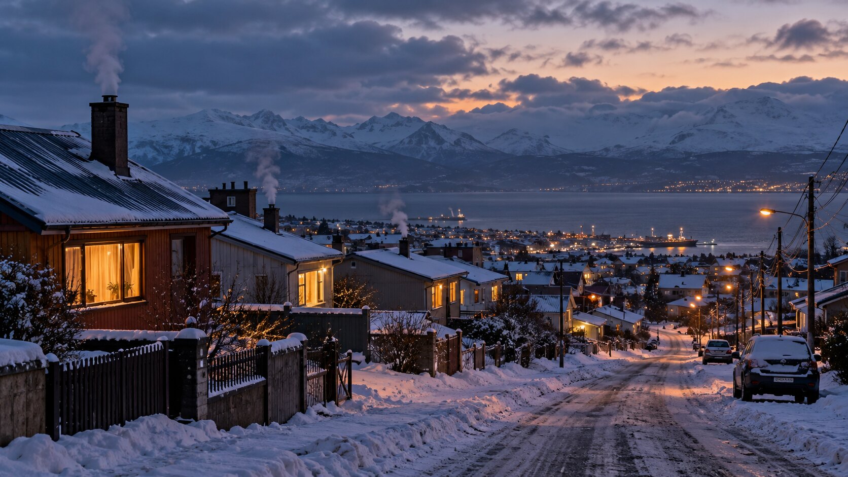Ilustración editorial generada con IA: una calle nevada de una ciudad patagónica al atardecer, con casas iluminadas, humo de chimeneas y montañas nevadas sobre el mar; composición conceptual, no es una fotografía de una ciudad identificada.